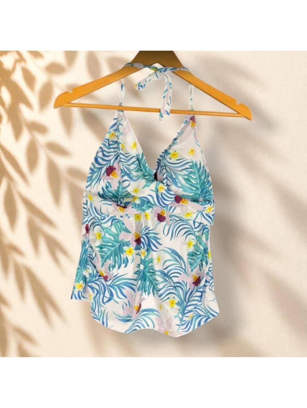Unbranded Tankini Top Women 2XL White Floral Sleeveless Halter Neck Tropical